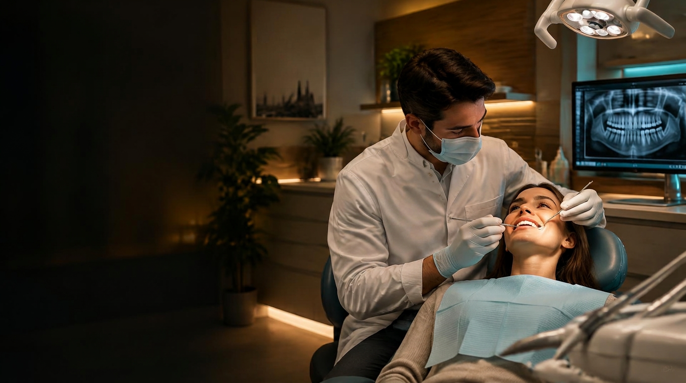 Dentista atendiendo a una paciente en una clínica dental moderna